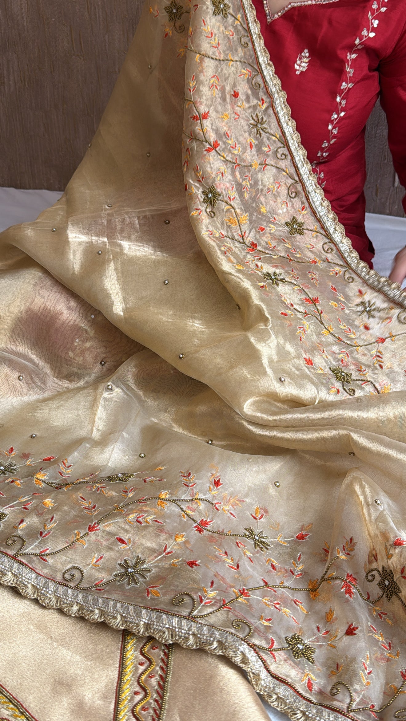 Champagne gold tissue silk hand embroidered heeramandi kadhwa suit set